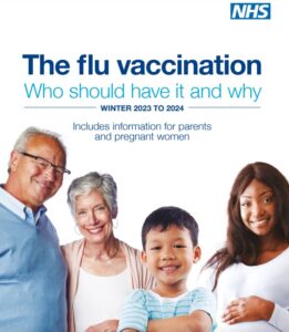 Flu vaccination promotion including older man, older lady, pregnant lady and little boy
