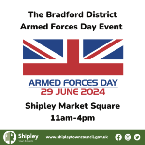 British Flag with Armed Forces Day Event details 29th June, Shipley Market Square